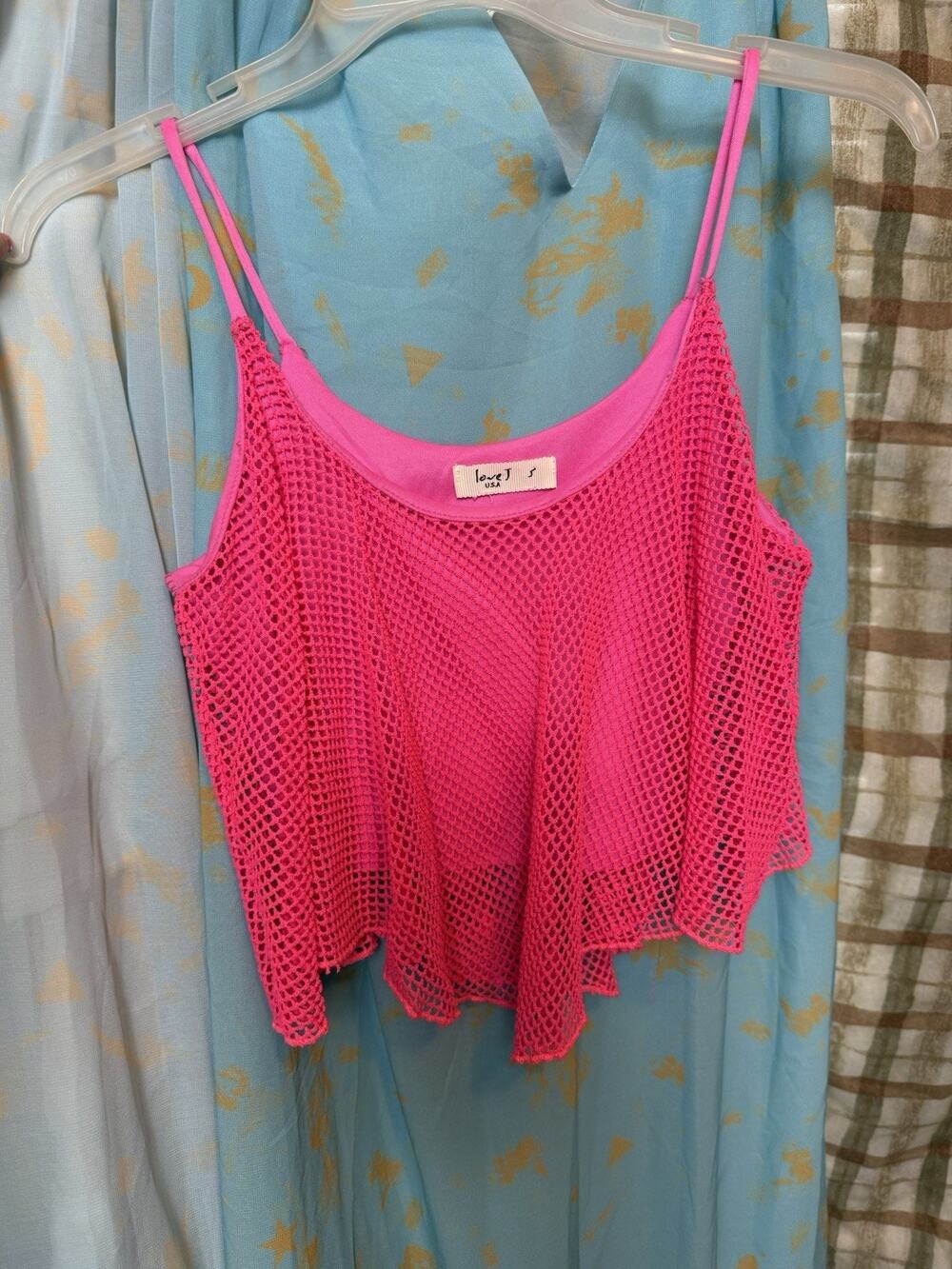 VTG Y2K Hot Pink Spaghetti Strap Net With Built In Undershirt Crop Top Sz S